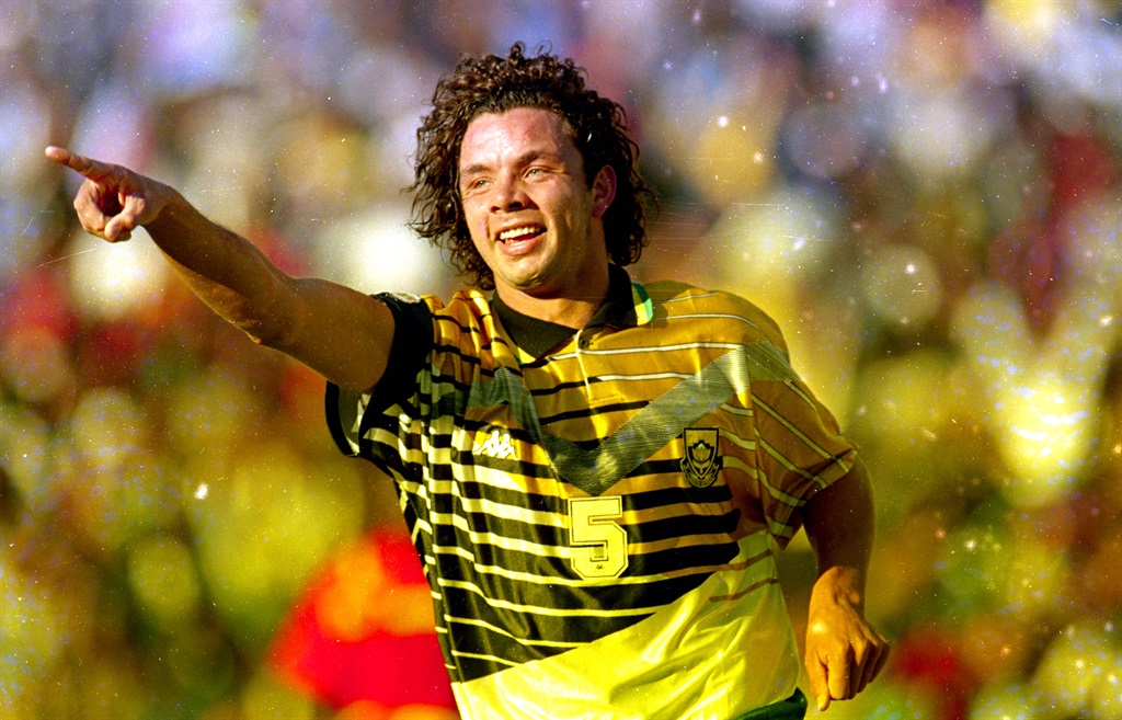 Mark Fish celebrating a goal against Malawi in an Africa Cup of Nations Qualifier 