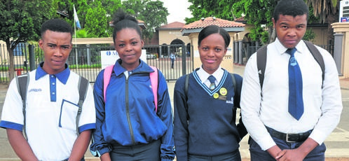 From left: Mosuli Thundeka, Katlego Du Toit, Lungile Mkhwanazi and Unam Ngqomgwa from Meridian Rustenburg Secondary School in Tlhabane said Afrikaans paper 1 was simple. Photo by Rapula Mancai