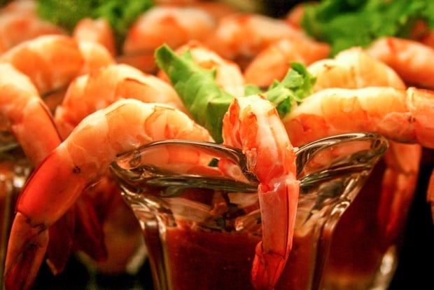 rows of shrimp cocktails at a restaurant in Califo