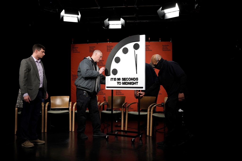 The 2023 Doomsday Clock is moved ahead of a live-streamed event with members of the Bulletin of the Atomic Scientists on January 24, 2023 in Washington, DC. Getty Images/AFP Anna Moneymaker / GETTY IMAGES NORTH AMERICA / Getty Images via AFP