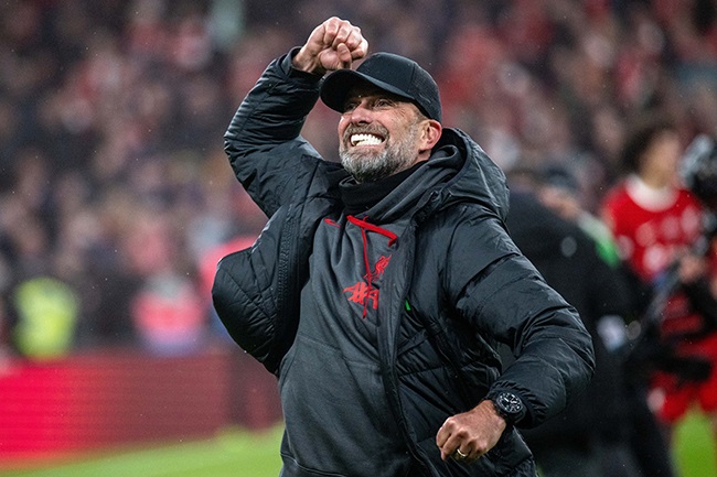 Liverpool manager Jurgen Klopp celebrates after their win over Chelsea in the League Cup final at Wembley Stadium in London on 25 February 2024. (Sebastian Frej/MB Media/Getty Images)
