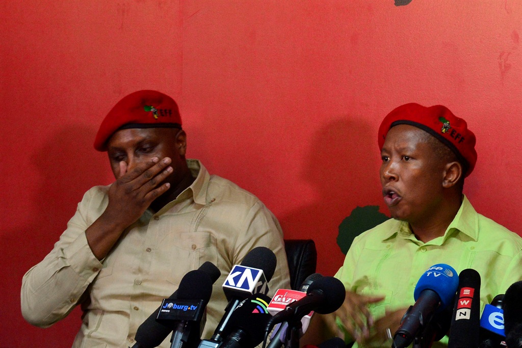 Economic Freedom Fighters deputy president Floyd Shivambu and leader Julius Malema during a media briefing on allegations that EFF and Shivambu benefited from the VBS bank looting on October 16, 2018. The EFF exonerated Shivambu from any wrongdoing in the VBS Mutual Bank scandal that allegedly involved his brother Brian Shivambu. Picture: Lucky Morajane/Daily Sun/Gallo Images 