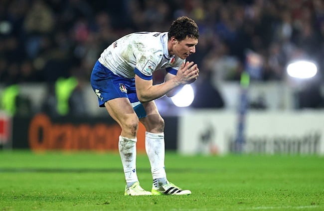 Italy's Paolo Garbisi looks dejected after missing a last-gasp penalty in the Six Nations match against France in Lille on 25 February 2024. (Photo by David Rogers/Getty Images)