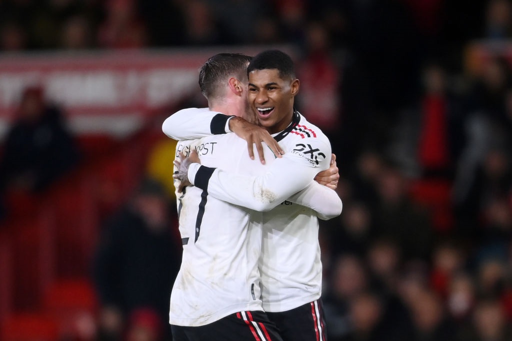 NOTTINGHAM, ENGLAND - JANUARY 25: Wout Weghorst celebrates with teammate Marcus Rashford of Manchester United after scoring the teams second goal during the Carabao Cup Semi Final 1st Leg match between Nottingham Forest and Manchester United at City Ground on January 25, 2023 in Nottingham, England. (Photo by Laurence Griffiths/Getty Images)