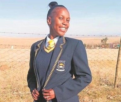 Second-time matriculant Sanelisiwe Nqeketo donning the uniform of her school Mazizini Senior Secondary School.  