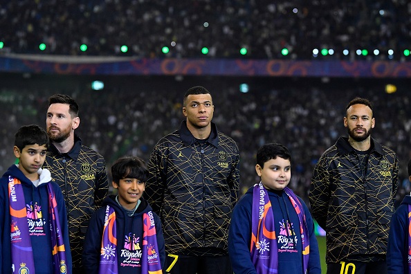 Lionel Messi, Kylian Mbappe, and Neymar of Paris Saint-Germain