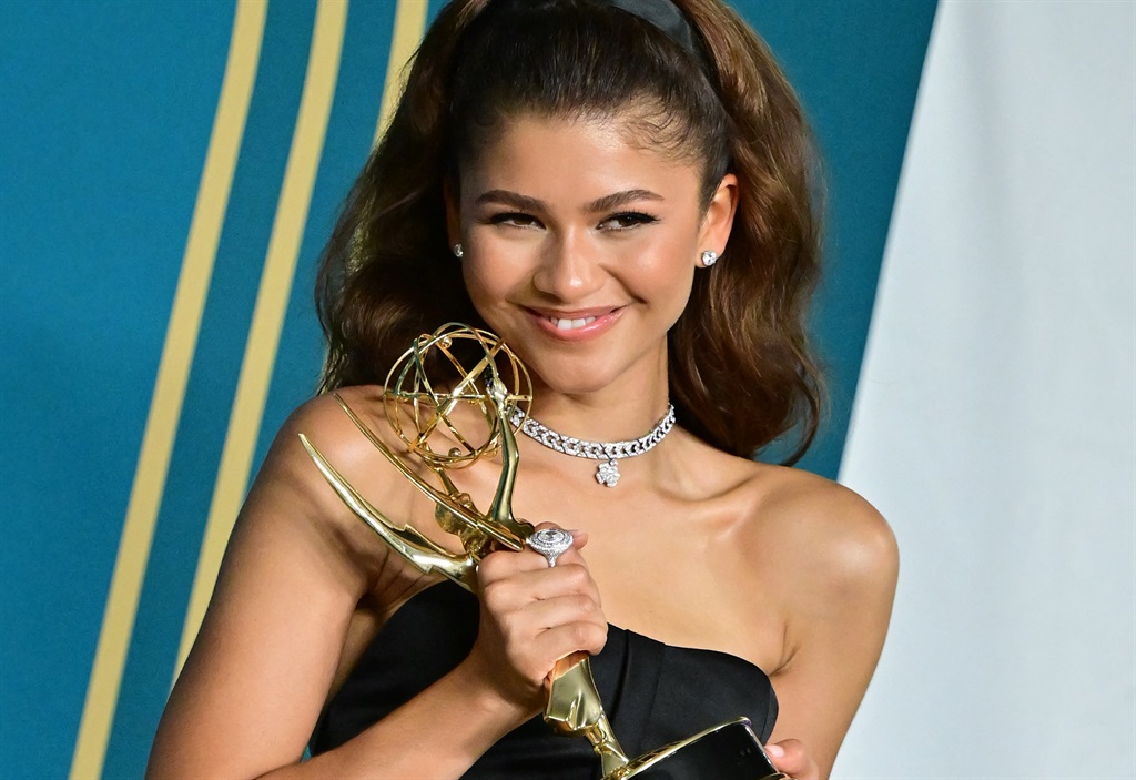 US actress Zendaya poses with the Emmy for Outstan