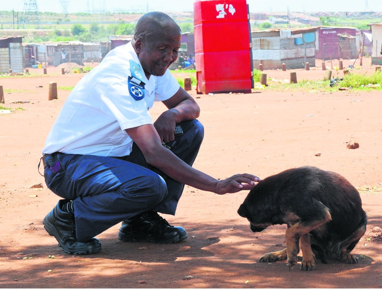 Inspector Misheck Matlou with a dog that was terrorising Monica Kgomontsho.              Photo by Morapedi Mashashe