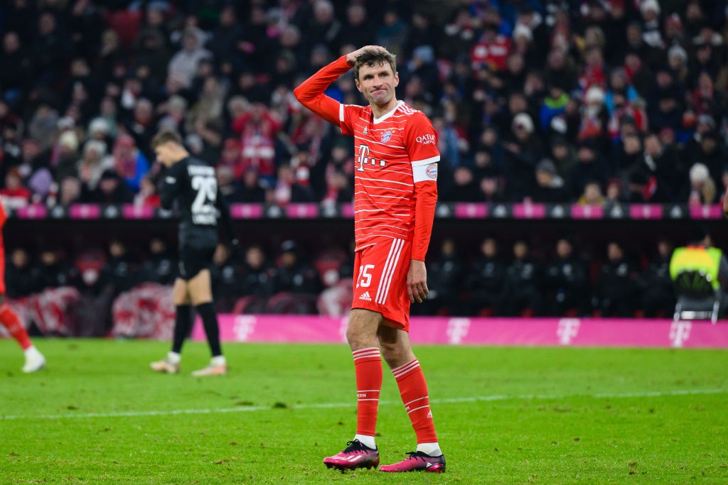 MUNICH, GERMANY - JANUARY 28: Thomas Mueller of Bayern looks on during the Bundesliga match between FC Bayern MÃ¼nchen and Eintracht Frankfurt at Allianz Arena on January 28, 2023 in Munich, Germany. (Photo by Markus Gilliar - GES Sportfoto/Getty Images)