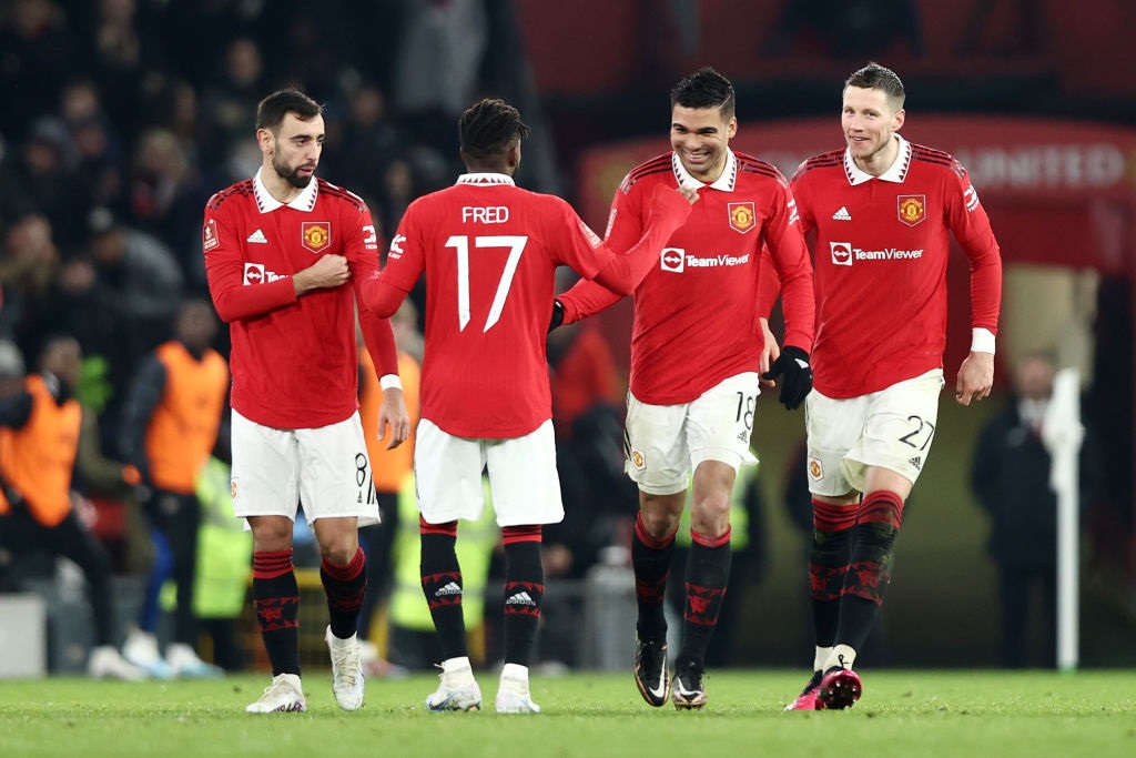 MANCHESTER, ENGLAND - JANUARY 28: Casemiro of Manchester United celebrates after scoring the teams second goal with teammates during the Emirates FA Cup Fourth Round match between Manchester United and Reading at Old Trafford on January 28, 2023 in Manchester, England. (Photo by Naomi Baker/Getty Images)