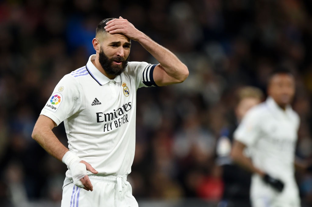 MADRID, SPAIN - JANUARY 29: Karim Benzema of Real Madrid reacts during the LaLiga Santander match between Real Madrid CF and Real Sociedad at Estadio Santiago Bernabeu on January 29, 2023 in Madrid, Spain. (Photo by Denis Doyle/Getty Images)
