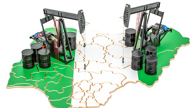Nigeria map with oil barrels and pumpjacks. Oil pr