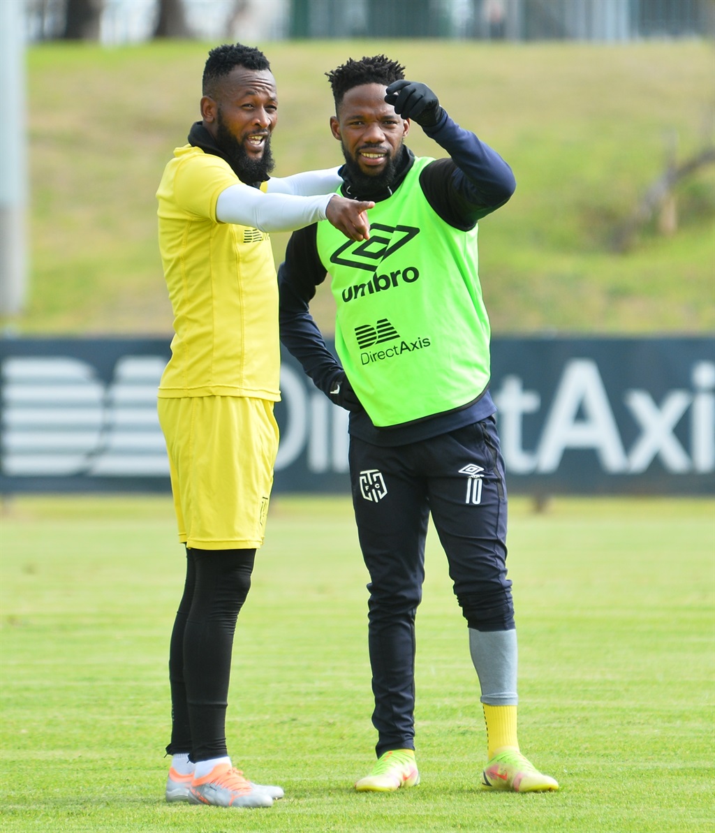CAPE TOWN, SOUTH AFRICA - MAY 11: Mpho Makola and Mduduzi Mdantsane during the Cape Town City FC media open day at Hartleyvale Stadium on May 11, 2022 in Cape Town, South Africa. (Photo by Grant Pitcher/Gallo Images)