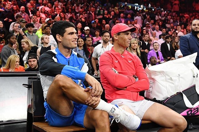 Carlos Alcaraz and Rafael Nadal during The Netflix Slam in Las Vegas on 3 March 2024. (Photo by Candice Ward/Getty Images for Netflix)