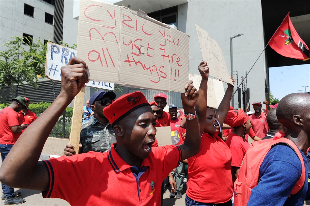 EFF members demonstrate outside the State capture commission of inquiry hearings in Parktown. Picture: Jabu Kumalo