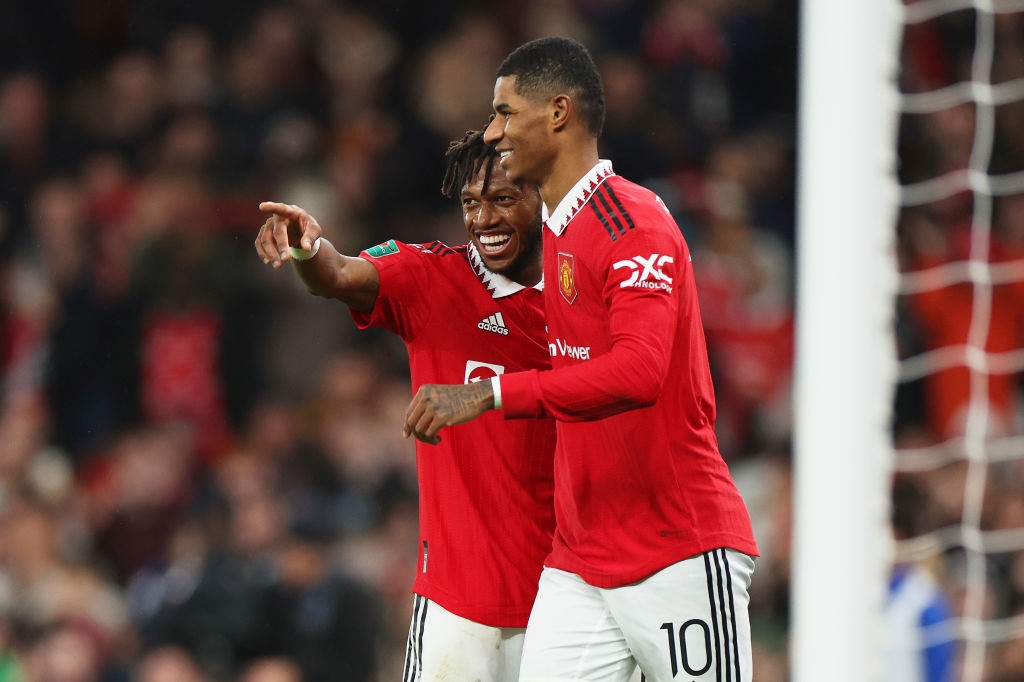 MANCHESTER, ENGLAND - FEBRUARY 01: Fred celebrates with Marcus Rashford of Manchester United after scoring the teams second goal during the Carabao Cup Semi Final 2nd Leg match between Manchester United and Nottingham Forest at Old Trafford on February 01, 2023 in Manchester, England. (Photo by Catherine Ivill/Getty Images)