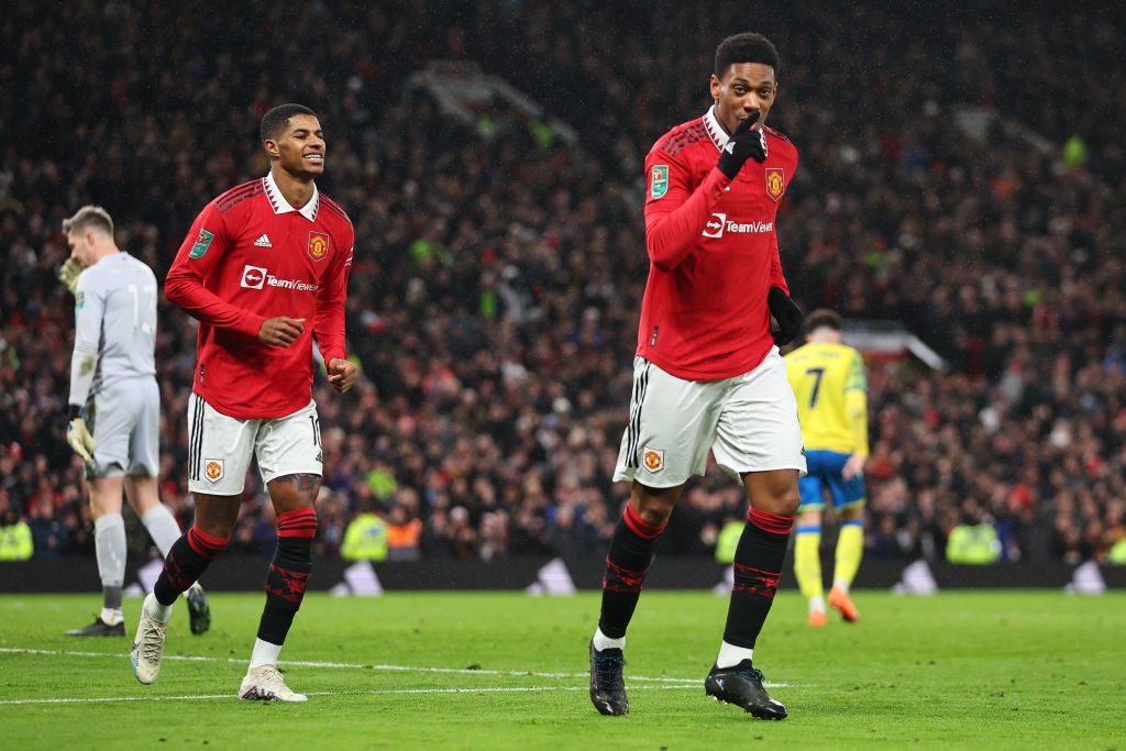 MANCHESTER, ENGLAND - FEBRUARY 01: Anthony Martial of Manchester United celebrates after scoring a goal to make it 1-0 during the Carabao Cup Semi Final 2nd Leg match between Manchester United and Nottingham Forest at Old Trafford on February 1, 2023 in Manchester, England. (Photo by Robbie Jay Barratt - AMA/Getty Images)