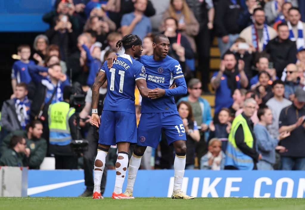 LONDON, ENGLAND - MAY 05: Nicolas Jackson of Chelsea celebrates after scoring a goal to make it 4-0 with Noni Madueke of Chelsea  during the Premier League match between Chelsea FC and West Ham United at Stamford Bridge on May 05, 2024 in London, England. (Photo by Catherine Ivill - AMA/Getty Images)