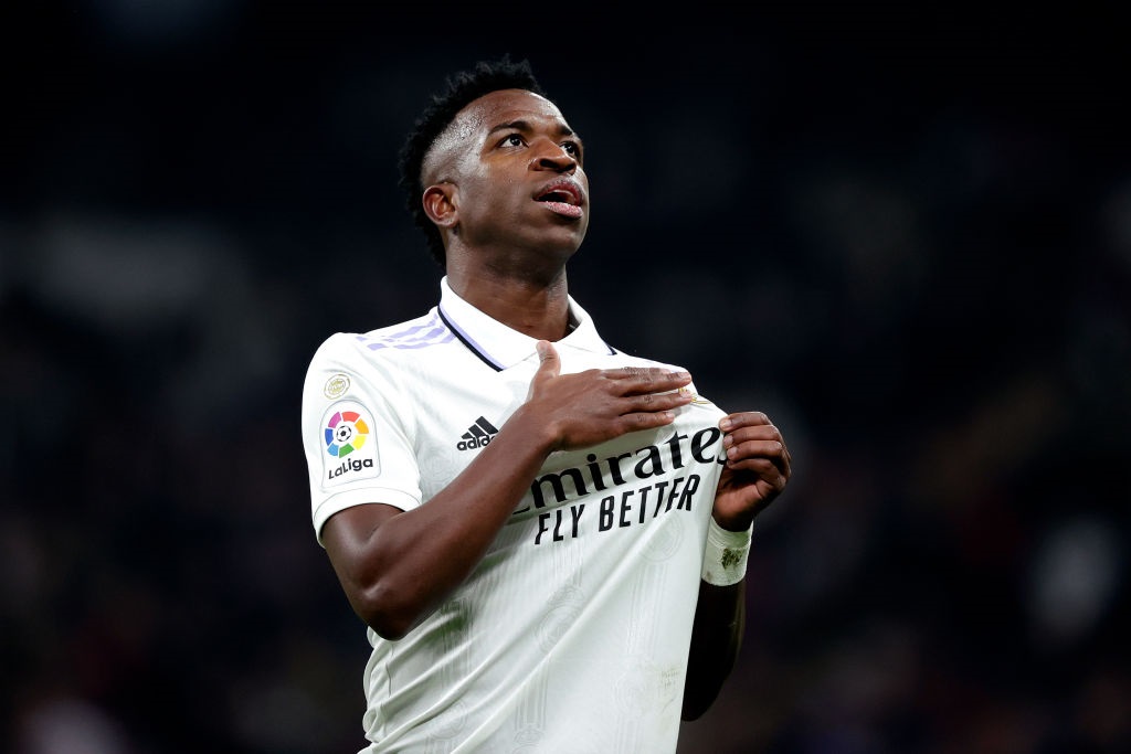 MADRID, SPAIN - FEBRUARY 2: Vinicius Junior of Real Madrid celebrates 2-0 during the La Liga Santander  match between Real Madrid v Valencia at the Estadio Santiago Bernabeu on February 2, 2023 in Madrid Spain (Photo by David S. Bustamante/Soccrates/Getty Images)
