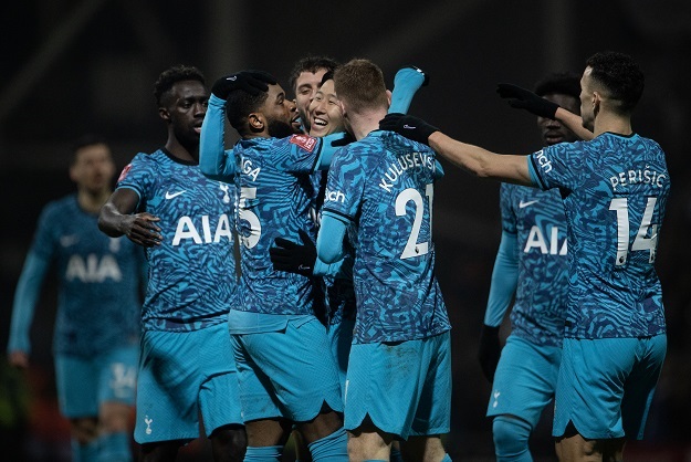Spurs players celebrating scoring during a recent FA Cup match.