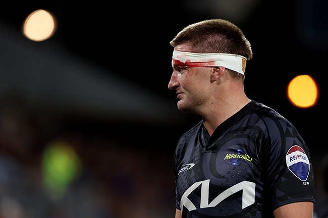 Jordie Barrett of the Hurricanes looks on during a Super Rugby Pacific match. (Will Russell/Getty Images)