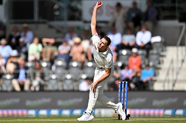 Australia's Josh Hazlewood bowls during day one of the second against New Zealand at Hagley Oval in Christchurch on 8 March 2024. (Kai Schwoerer/Getty Images)