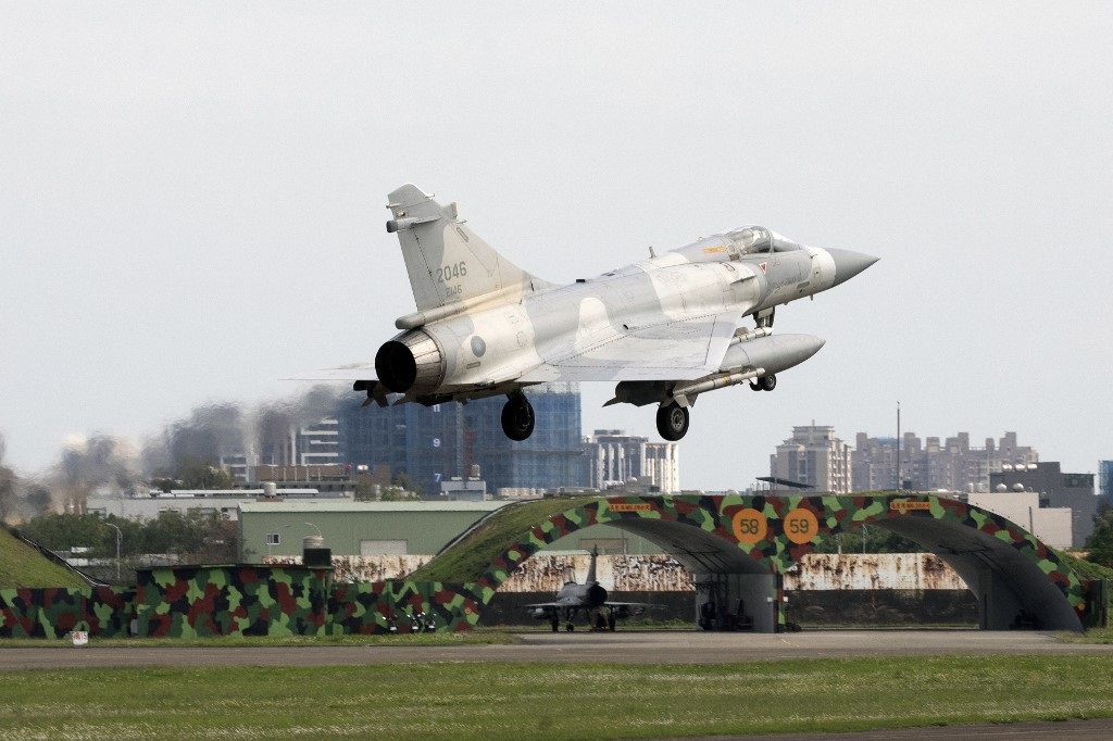 A Taiwanese air force Mirage 2000 fighter jet lands at an air force base in Hsinchu, northern Taiwan on April 9, 2023. China was conducting a second day of military drills around Taiwan on April 9, in what it has called a "stern warning" to the self-ruled island's government following a meeting between its president and the US House speaker.