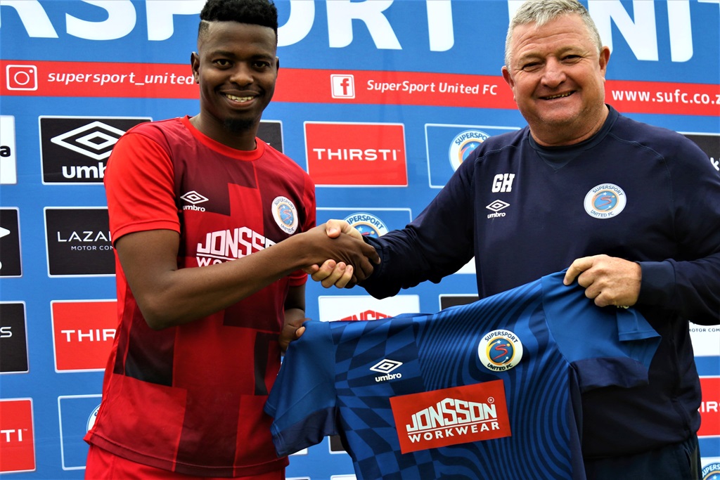 New SuperSport United midfielder Phathutshedzo Nange and head coach Gavin Hunt.