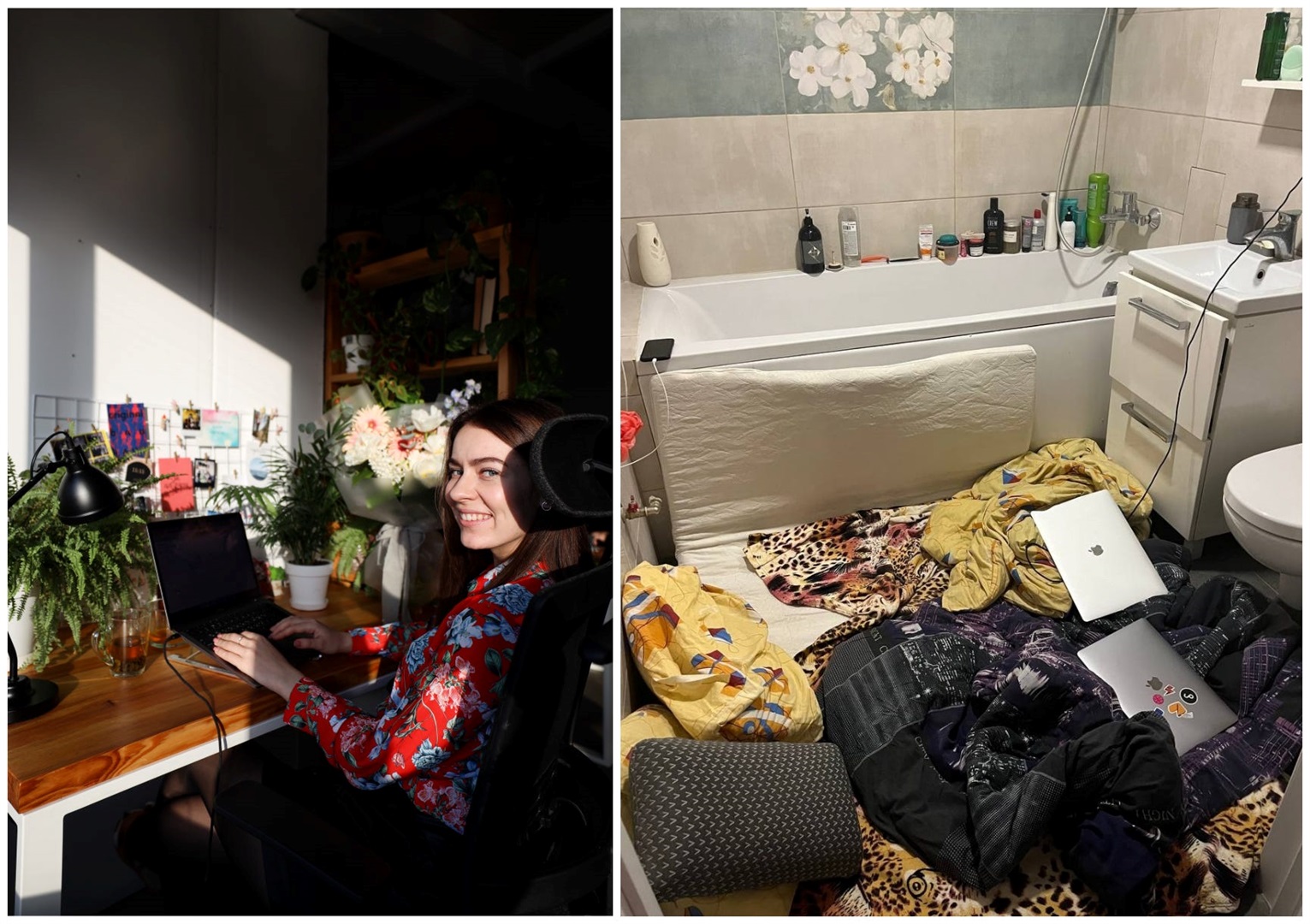 Outcrowd project manager worked from the company's Kharkiv office (L), but later sheltered to work from her bathroom in the early days of Russia's invasion (R).