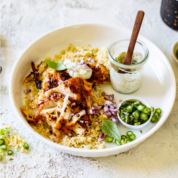 Harissa spiced fish with couscous