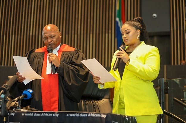 MMC for Human Settlements, Councillor Anthea Natasha Leitch, sworn in. She is pictured with Johannesburg Mayor Thapelo Amad. 