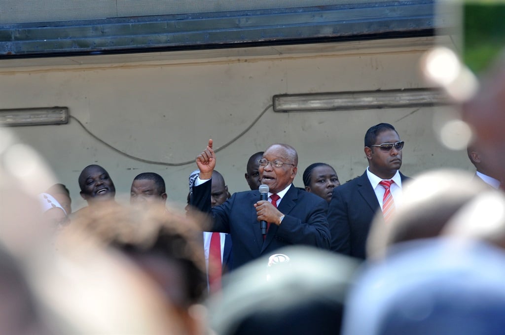 Former Jacob Zuma addressing his supporters after he appeared at Durban high court. Photo: Jabulani Langa 