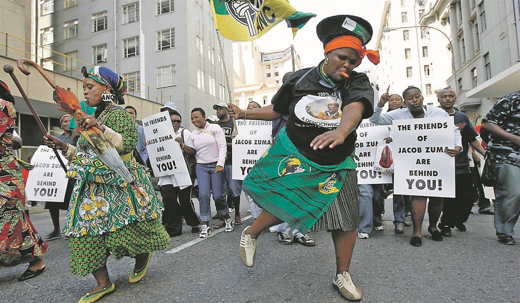 NO FEMINISM HERE Jacob Zuma’s supporters – which included many women – show their support for the man who was accused of raping Fezekile Kuzwayo. Zuma was acquitted. Picture: Felix Dlangamandla