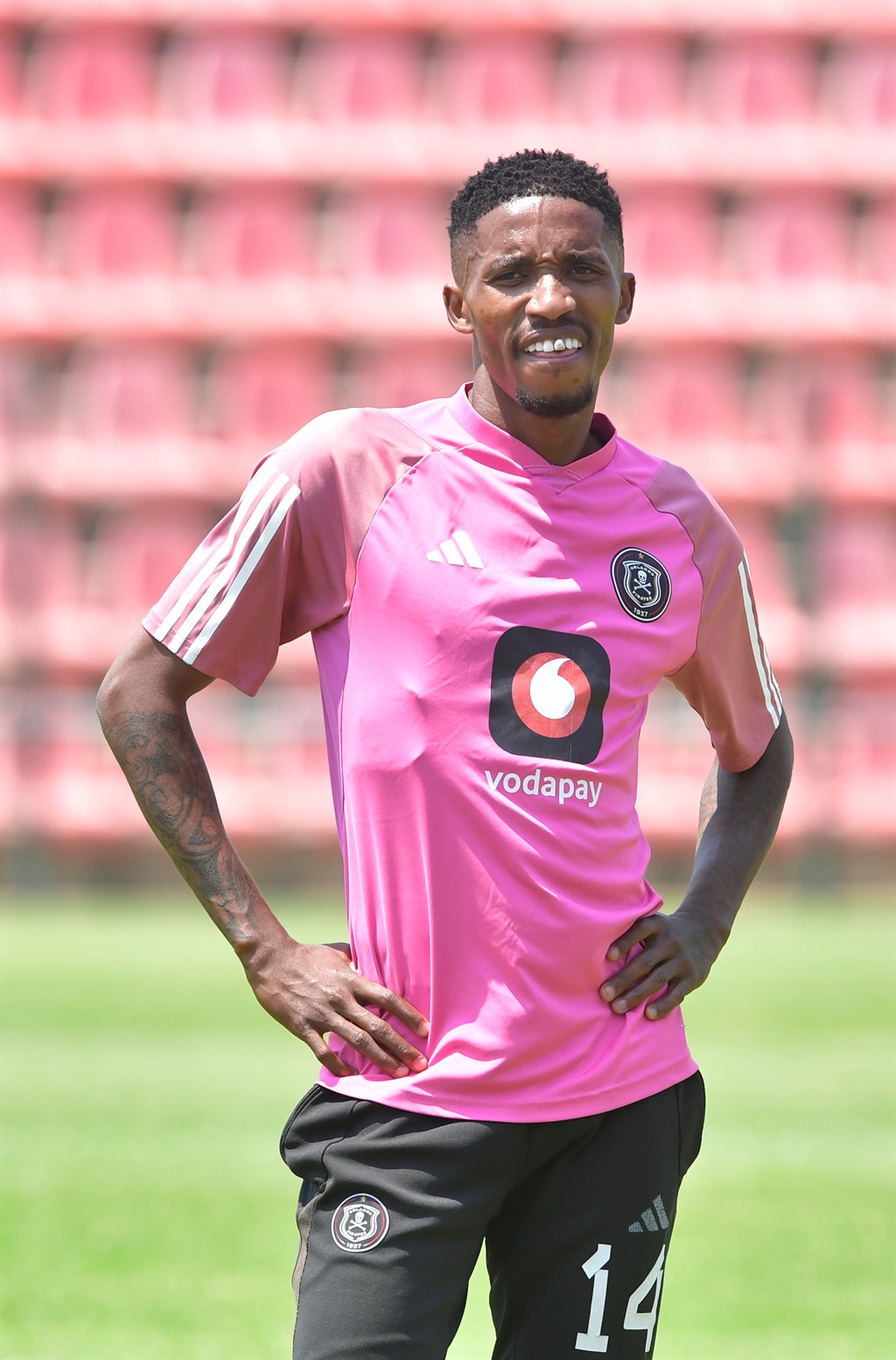 JOHANNESBURG, SOUTH AFRICA - MARCH 04:  Monnapule Saleng of Orlando Pirates during the Orlando Pirates media open day at Rand Stadium on March 04, 2024 in Johannesburg, South Africa. (Photo by Sydney Seshibedi/Gallo Images)