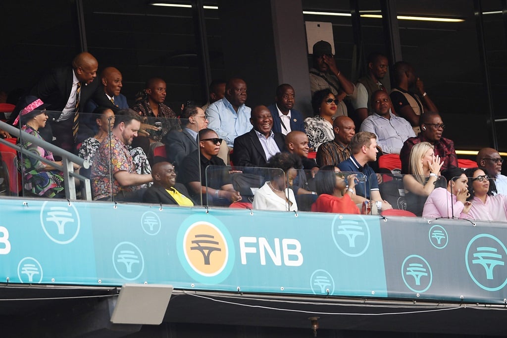 President Cyril Ramaphosa during the DStv Premiership match between Orlando Pirates and Kaizer Chiefs at the FNB Stadium on 9 March 2024 in Johannesburg, South Africa. 