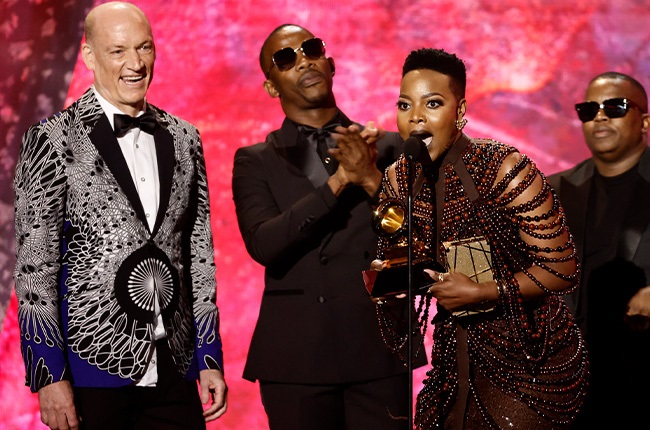 Nomcebo Zikode accepts the Best Global Music Performance award for "Bayethe" onstage during the 65th GRAMMY Awards. 