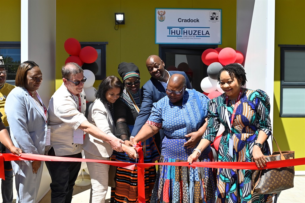 From left are, Bonnie Currie-Gamwo (advocate, special director of public prosecutions and head of the unit at NPA, John Jeffrey (deputy minister of justice and constitutional development), Shamila Batohi (national director of public prosecutions of NPA), Noncedo Zonke (executive mayor of Inxuba Yethemba), Sitho Mdlalose (CEO for Vodacom South Africa), Bukiwe Fanta, (Eastern Cape social development MEC) and Sazini Mojapelo (CEO of the GBVF Response Fund).
