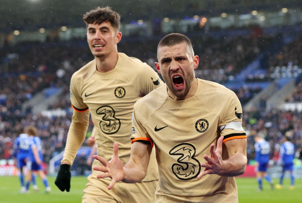 LEICESTER, ENGLAND - MARCH 11: Mateo Kovacic of Chelsea celebrates after scoring the teams third goal during the Premier League match between Leicester City and Chelsea FC at The King Power Stadium on March 11, 2023 in Leicester, England. (Photo by Marc Atkins/Getty Images)