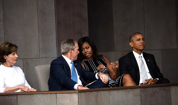 View of former First Lady Laura Bush, former President George W Bush, First Lady Michelle Obama, and President Barack Obama as they attend the opening of the National Museum of African American History and Culture, Washington DC, September 24, 2016. (Photo by David Hume Kennerly via Bank of America/Getty Images)