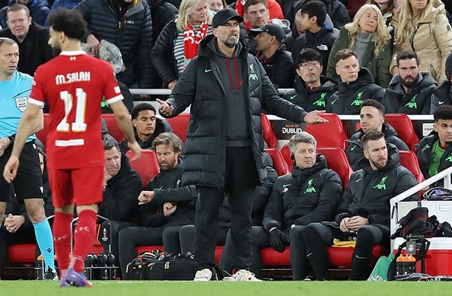 Liverpool manager Jurgen Klopp Manager cuts a frustrated figure during their Europa League quarter-final first leg against Atalanta at Anfield on 11 April 2024. (Crystal Pix/MB Media/Getty Images)