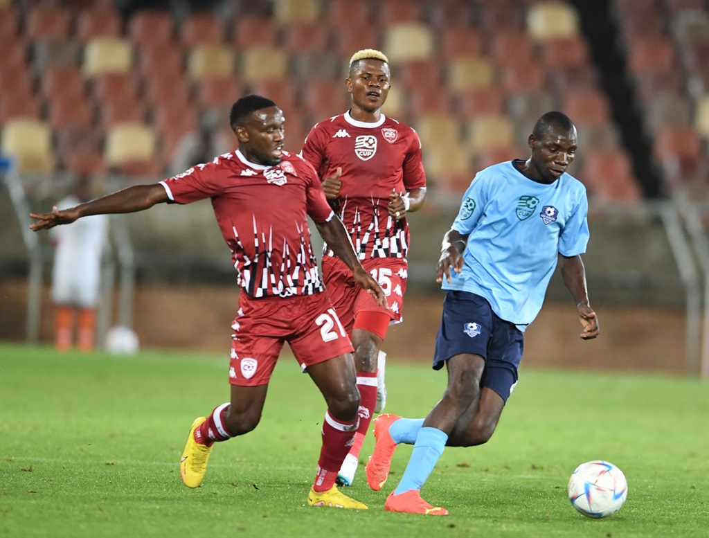 POLOKWANE, SOUTH AFRICA - FEBRUARY 08: Jabu Ndlovu of Liver Brothers and Victor Letsoalo of Sekhukhune United during the Nedbank Cup last 32 match between Sekhukhune United and Liver Brothers at Peter Mokaba Stadium on February 08, 2023 in Polokwane, South Africa. (Photo by Philip Maeta/Gallo Images)
