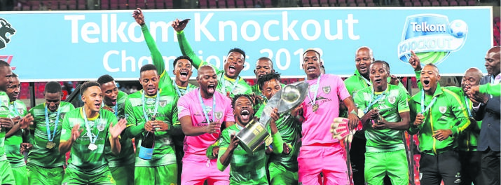 WE ARE THE CHAMPIONS Baroka celebrates their win after beating Orlando Pirates on a penalty shoot out in the Telkom Knockout Cup at Nelson Mandela Bay Stadium last night. Picture: Abbey Sebetha / Bakone Pix
