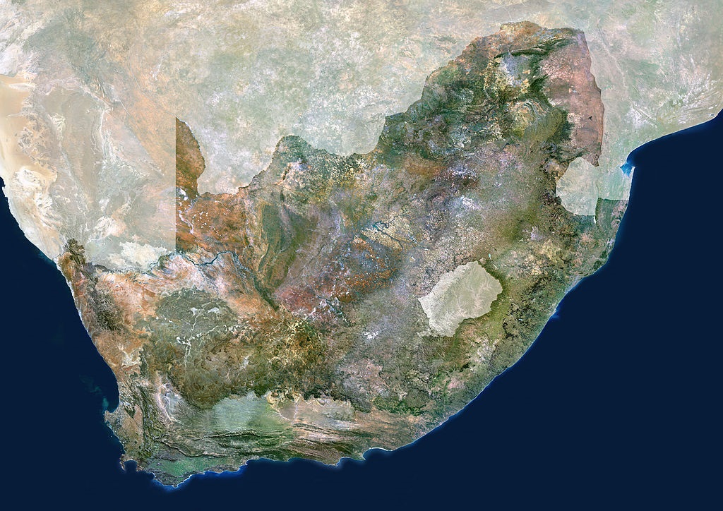South Africa, true colour satellite image with mask. This image was compiled from data acquired by LANDSAT 5 & 7 satellites. 