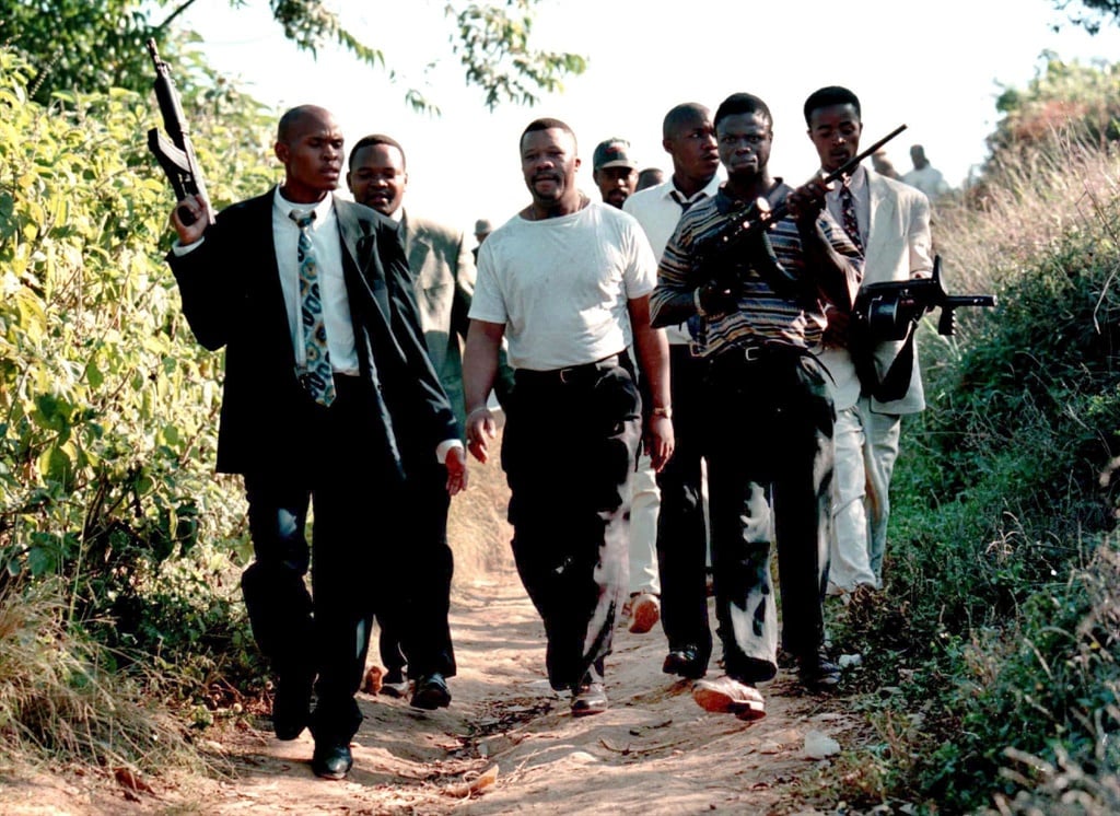 Self-proclaimed warlord Sifiso Nkabinde with his henchmen. The notorious gunman was fatally shot by unknown assassins on January 23 1999. Picture: Gallo Images/Beeld/Karel Prinsloo