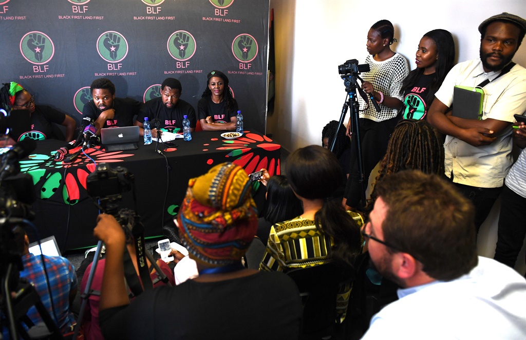BLF leader Andile Mngxitama singles out a News24 journalist at a media briefing after his kill whites threats made at the BLF rally over the weekend. 