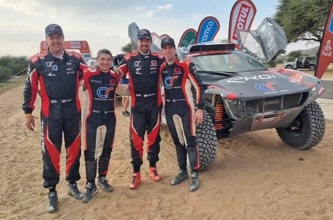 The Century Racing team celebrating their P2 finish in Stage 10 of the 2024 Dakar Rally. (Brian Baragwanath / Instagram)