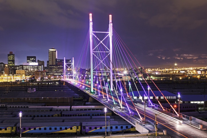 Multi-coloured lighting on Nelson Mandela Bridge in Johannesburg city.
