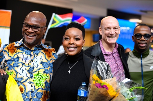 Grammy winners Nomcebo Zikode, Wouter Kellerman and Zakes Bantwini with Sports, Arts and Culture minister, Nathi Mthethwa