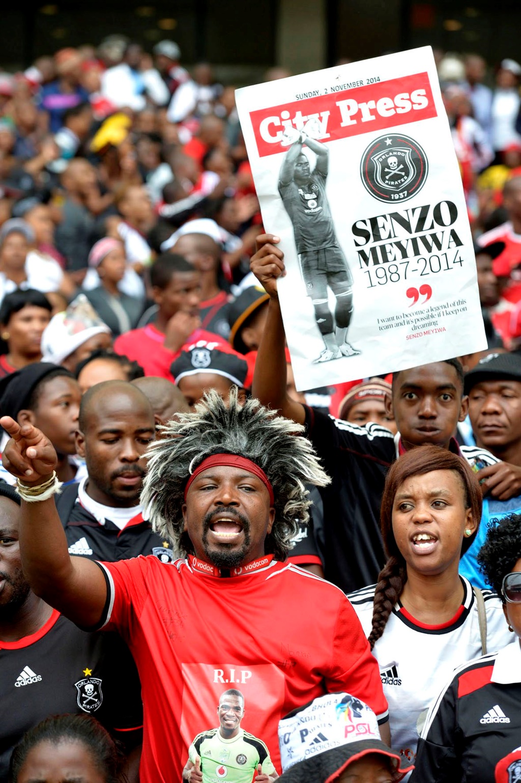 Fans pay their respects during Senzo Meyiwa’s funeral at the Moses Mabhida Stadium in Durban. Picture: Reinhardt Hartzenberg