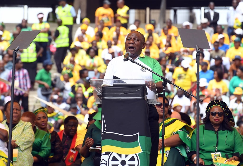 President Cyril Ramaphosa addresses the crowd at the Moses Mabhida stadium during the ANC's 107th birthday celebrations.